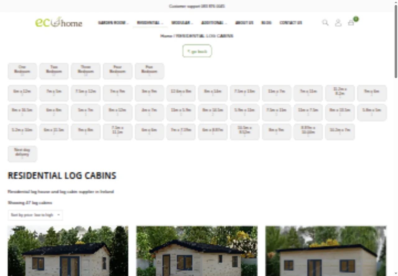 Residential cabin catalogue showing bedroom and dimension filters, sorting and product photographs