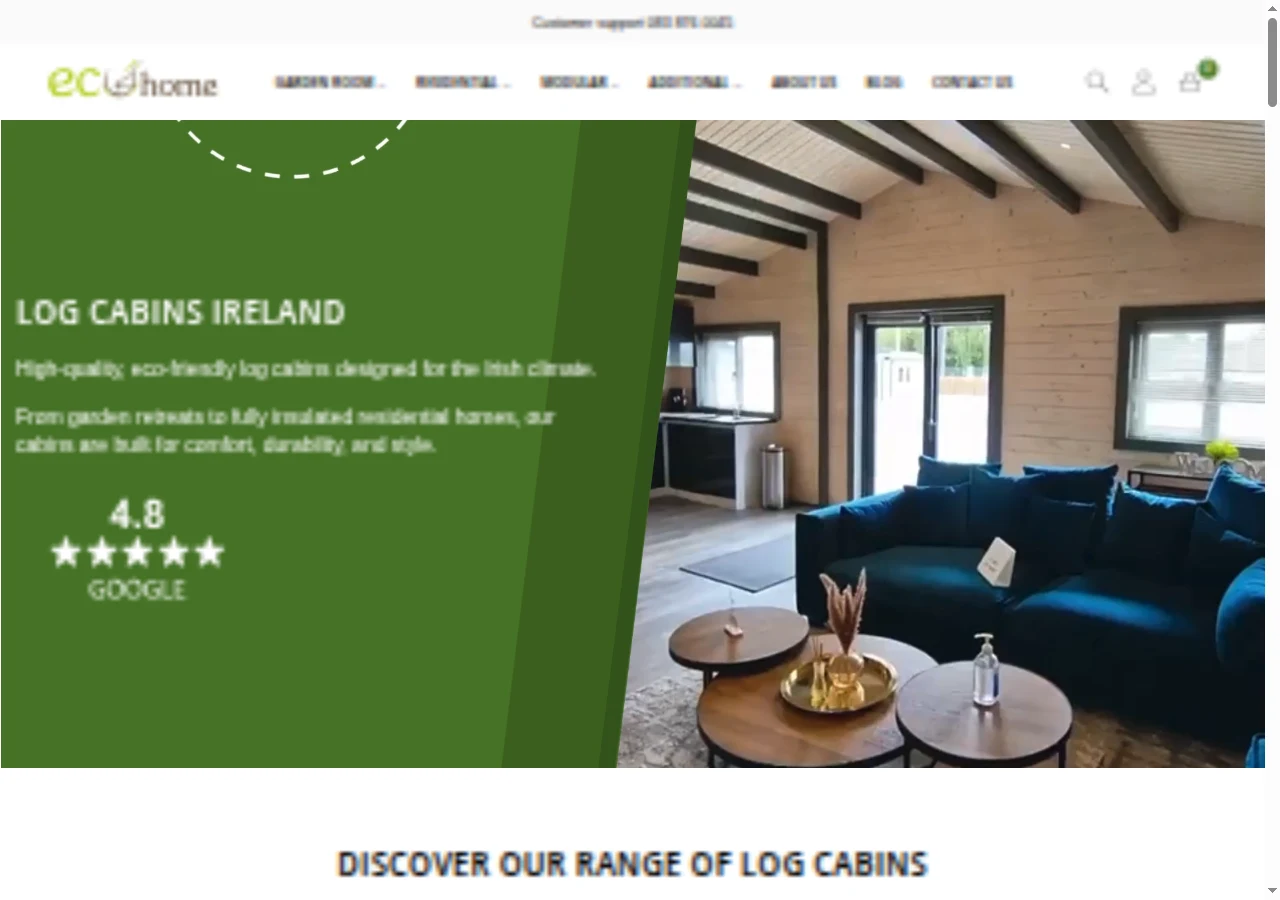 Eco Home homepage with green branding, a cabin video and navigation to the product ranges